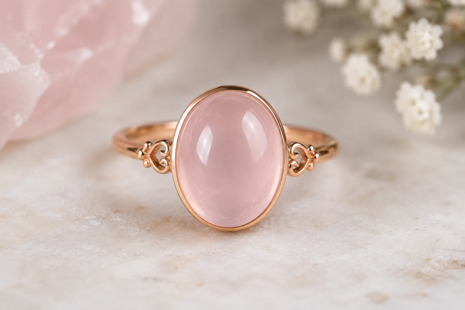 soft pink rose quartz cabochon ring in a silver setting