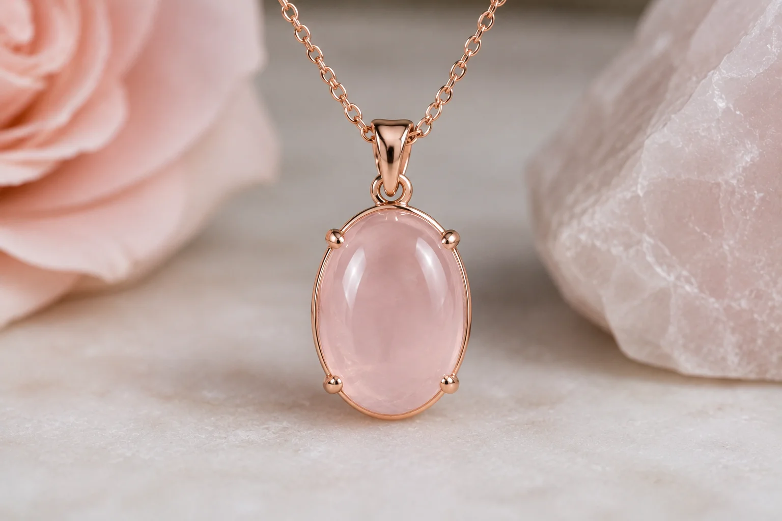 rose quartz pendant on a chain
