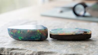 side view of solid opal beside a layered opal doublet