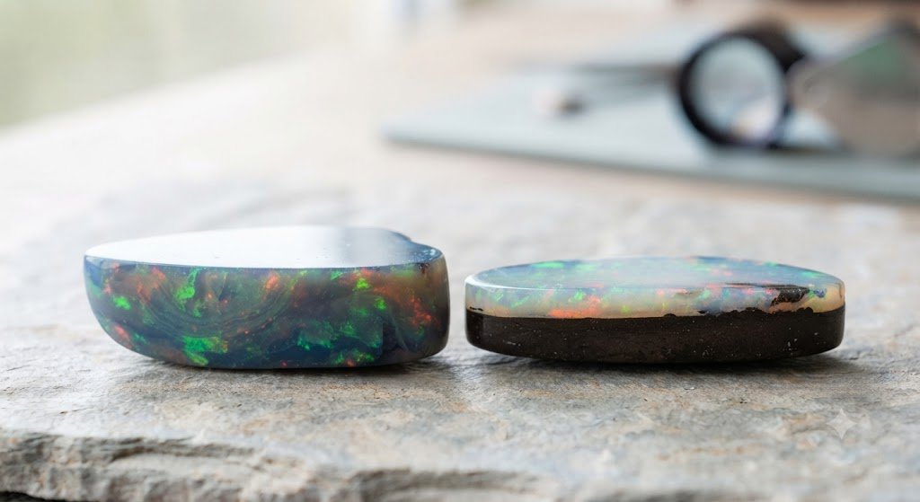 side view of solid opal beside a layered opal doublet