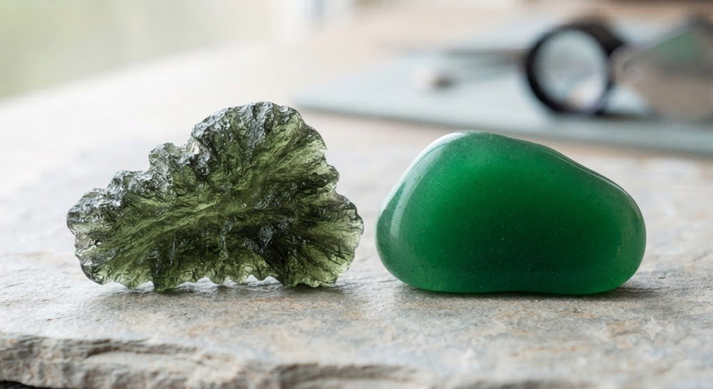 textured natural moldavite beside a smooth green glass imitation