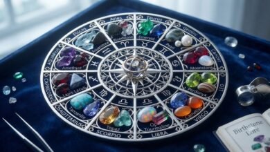 twelve zodiac birthstones arranged in an astrological wheel