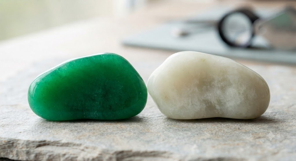 vivid green jadeite beside creamy nephrite jade